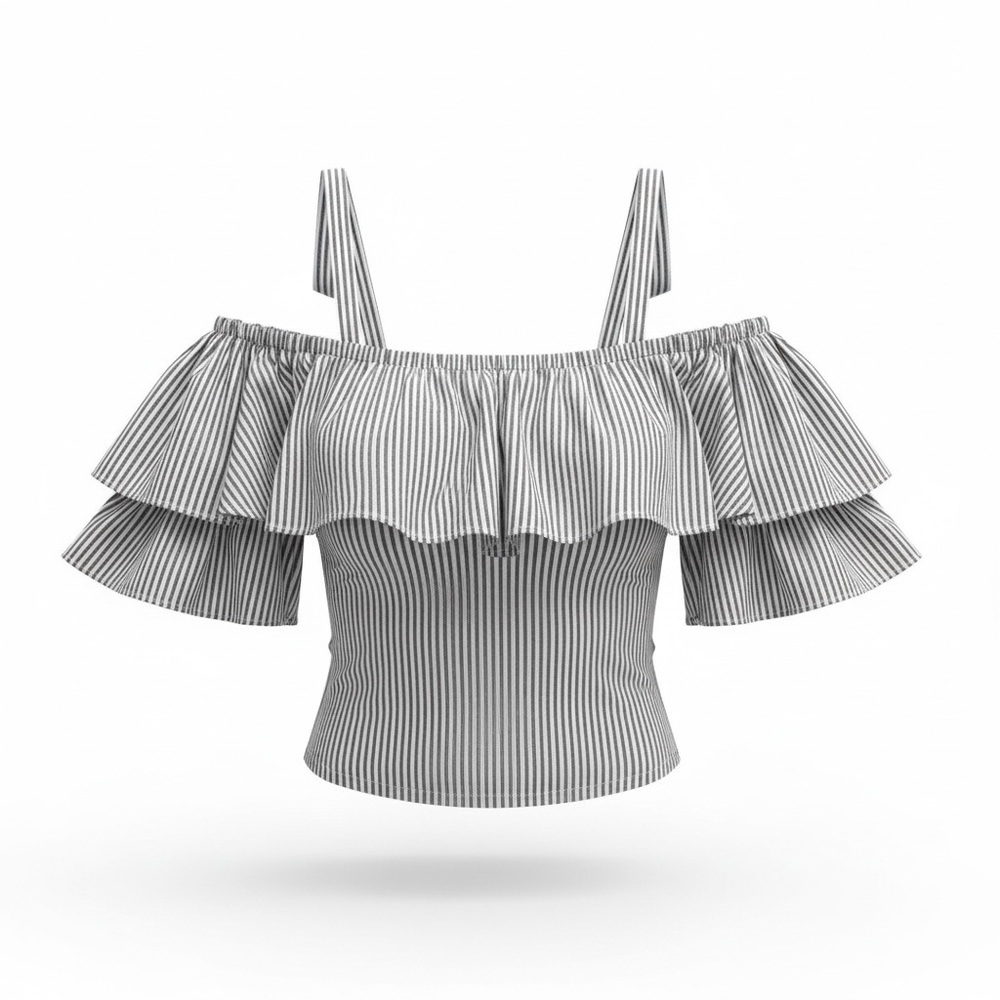 Misa Los Angeles Black & White Striped Off-Shoulder Ruffle Crop Top
